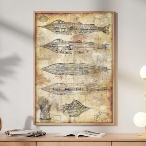 Nautilus Submarine Poster, Steampunk Blueprint Art, Vintage Sci Fi Wall Decor