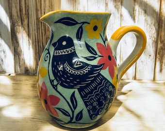 手作り民芸陶器の水差し：鳥と花のピッチャー - Etsy 日本