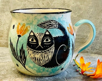 CAT CUDDLE MUG - Handmade Pottery Mug - Hand Painted Cat Mug - Handmade In Wales - Black Cat Stoneware Mug