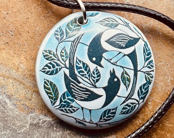 TWO MAGPIES PENDANT - Handmade Ceramic Magpies Necklace - Bird Jewellery - Two For Joy Jewellery - Handmade In Wales