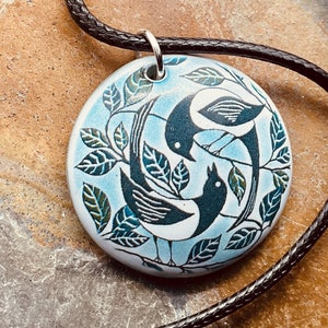 TWO MAGPIES PENDANT - Handmade Ceramic Magpies Necklace - Bird Jewellery - Two For Joy Jewellery - Handmade In Wales