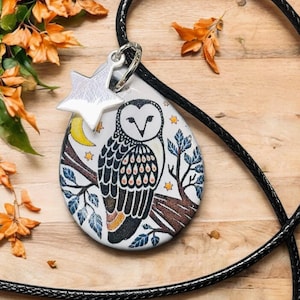 Handmade Ceramic Owl Necklace: Sterling Silver Star Charm, Wildlife Pendant