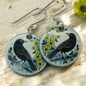 Blackbird Earrings: Linocut Style Ceramic & Sterling Silver - Handmade Wales