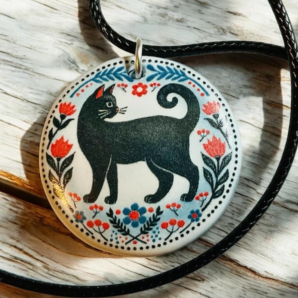 Handmade Ceramic Black Cat Pendant: Boho Folk Necklace