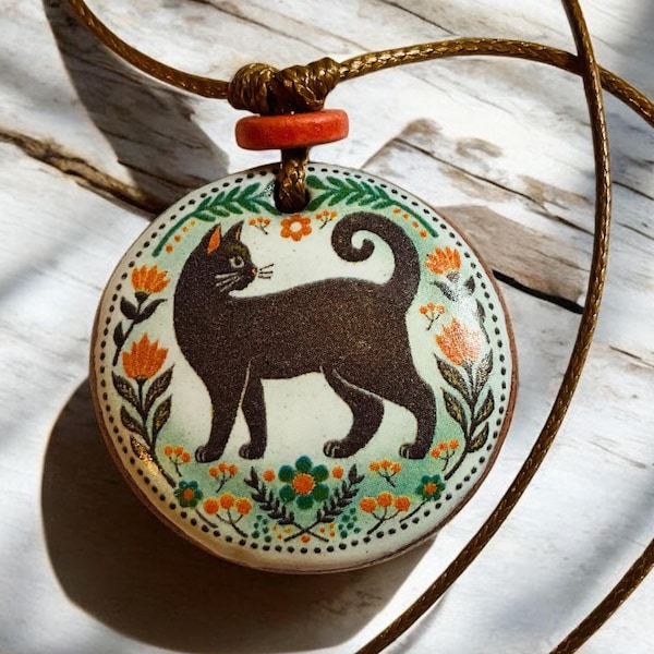 Handmade Ceramic Cat Pendant: Bohemian Terracotta Necklace