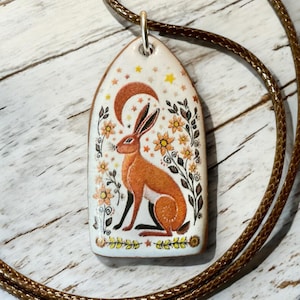 Handmade Terracotta Hare Pendant: Moon Gazing Folk Art Necklace