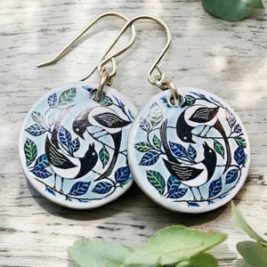TWO MAGPIES EARRINGS - Handmade Ceramic Magpies Earrings - Bird Jewellery - Two For Joy Jewellery - Handmade In Wales