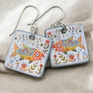 Ceramic Fish Earrings: Folk Art Sterling Silver Dangles