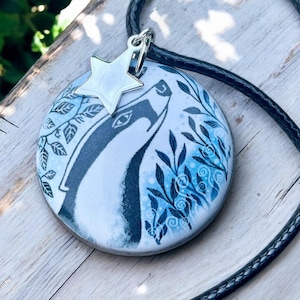 Handmade Ceramic Badger Pendant: Sterling Silver Star Charm, Wales