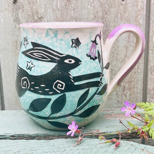 HARE CUDDLE MUG - Handmade Pottery Mug - Hand Painted Hare Mug - Handmade In Wales - Running Hare Stoneware Mug