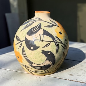 Handmade Magpie Pottery Moon Vase – Folk Art Floral, Made in Wales, UK