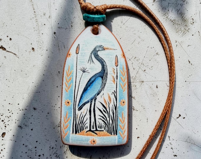 Handmade Ceramic Heron Pendant: Terracotta Clay Necklace, Adjustable Cord