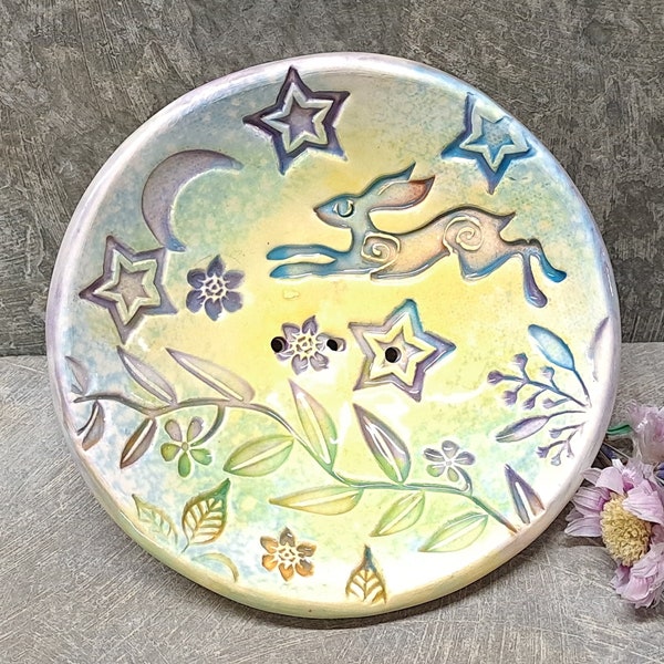 HARE SOAP DISH -    Ceramic Soap Dish - Pottery Soap Dish - Hare, Moon And Stars Soap Dish - Handmade In Wales