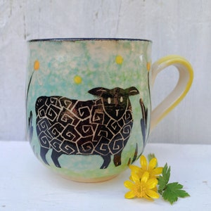 SHEEP CUDDLE MUG - Handmade Pottery Mug - Hand Painted Pottery Mug - Sheep and Daisies Mug - Handmade In Wales