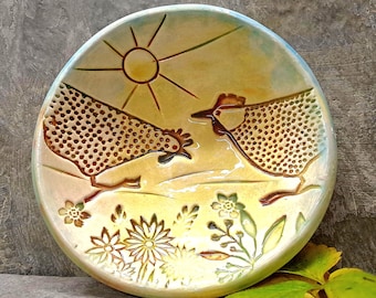 JEWELLERY DISH - Little Pottery Chickens Dish - Happy Hens Dish - Stoneware Trinket Dish - Two Chickens Dish - Handmade In Wales
