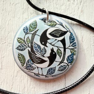Handmade Ceramic Magpies Pendant: Bird Necklace, Wales