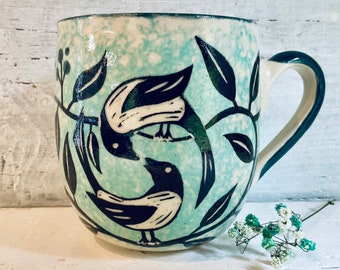 TWO MAGPIES MUG - Two For Joy Magpies Mug - Handmade Pottery Mug - Handmade In Wales - Hand Painted Magpies Mug