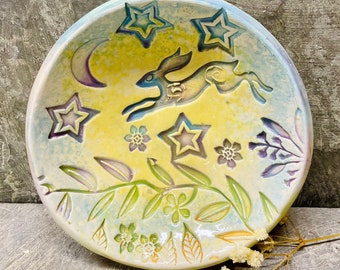 HARE JEWELLERY DISH - Trinket Dish - Moon-gazing Hare - Stars and Moon - Handmade In Wales