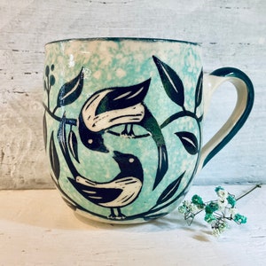 TWO MAGPIES MUG - Two For Joy Magpies Mug - Handmade Pottery Mug - Handmade In Wales - Hand Painted Magpies Mug