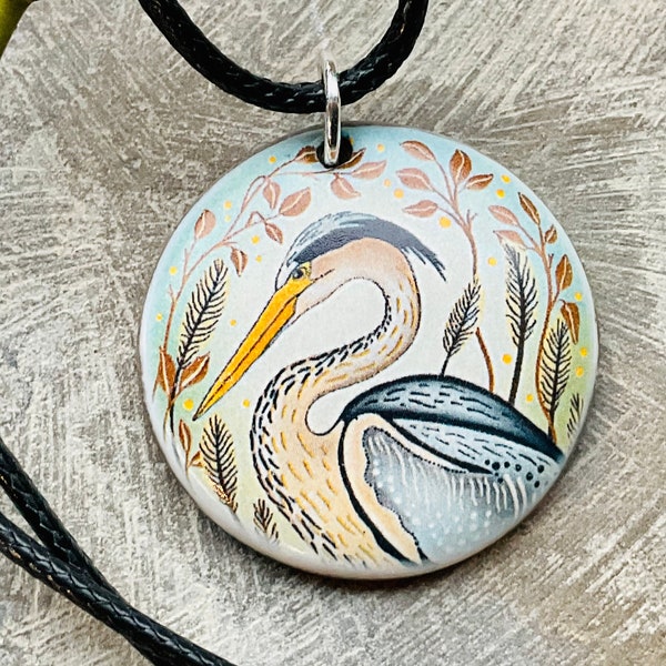 HERON PENDANT - Handmade Ceramic Heron Necklace - Ceramic Jewellery - Handmade In Wales