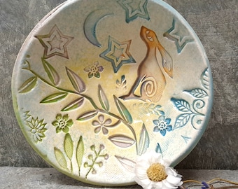 HARE JEWELLERY DISH - Trinket Dish - Moon-gazing Hare - Stars and Moon - Handmade In Wales