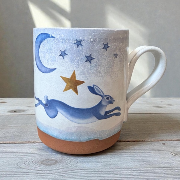 Handmade Pottery Hare Mug: Terracotta Coffee Cup, Moon and Stars, Wales