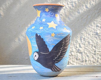 手作り陶器の花瓶 手作り陶器の馬花瓶：月と星、手描きの陶芸アート - Etsy 日本