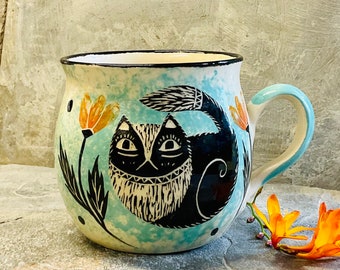 CAT CUDDLE MUG - Handmade Pottery Mug - Hand Painted Cat Mug - Handmade In Wales - Black Cat Stoneware Mug