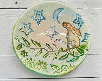 Handmade Stoneware Hare Trinket Dish: Celestial Skywatch Design