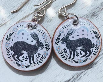 Handmade Terracotta Hare Earrings: Folk Art Sterling Silver Jewelry