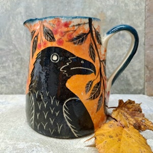 RAVEN JUG - Handmade Pottery Jug - Hand Painted Raven Jug - Raven and Rowan - Handmade In Wales - Black Raven Jug
