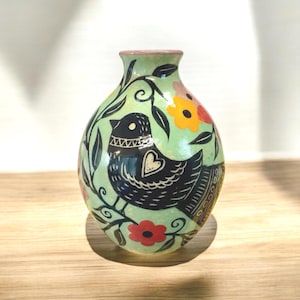 BIRDS and FLOWERS VASE - Folk Art Birds and Flowers Vase – Handmade Ceramic Vase – Colourful Slip-Painted Vase – Dishwasher & Microwave Safe