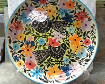BIRDS & FLOWERS PLATTER - Handmade Pottery, Hand painted Pottery, Colourful Pottery Bowl