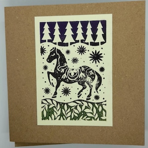 CARTE IMPRIMÉE À LA MAIN - Carte kraft 100 % recyclée - Carte de cheval imprimée au bloc originale - Carte de cheval - Fait main au Pays de Galles - Carte d'art vierge
