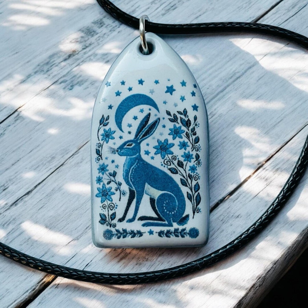 Handmade Ceramic Hare Pendant: Moon Gazing Necklace, Folk Art Jewelry ...