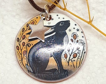 HARE PENDANT - Handmade Ceramic Pendant  Star Gazing Hare Necklace - Hare Art Jewellery - Sterling Silver Star - Handmade In Wales