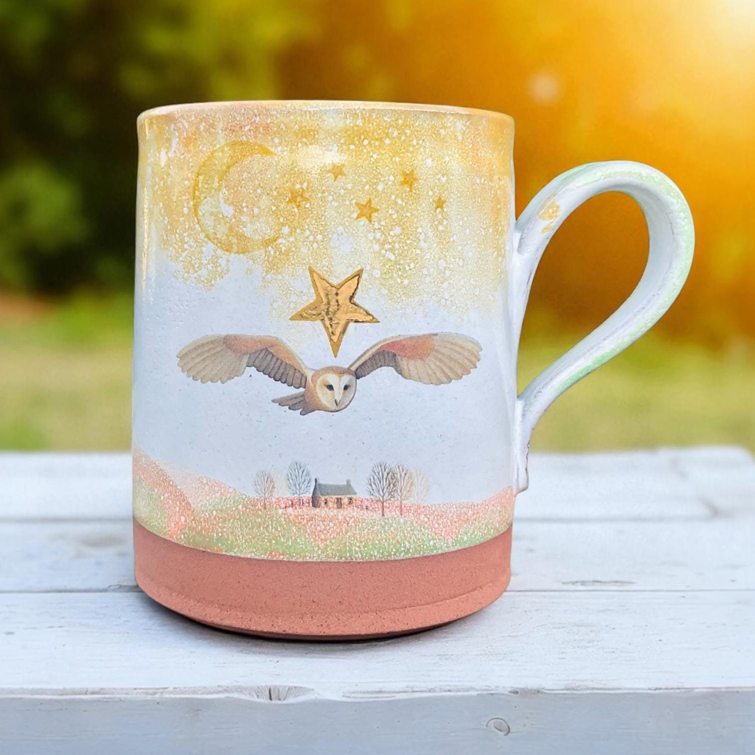 Handmade Terracotta Owl Mug: Moon & Stars Pottery, Made in Wales