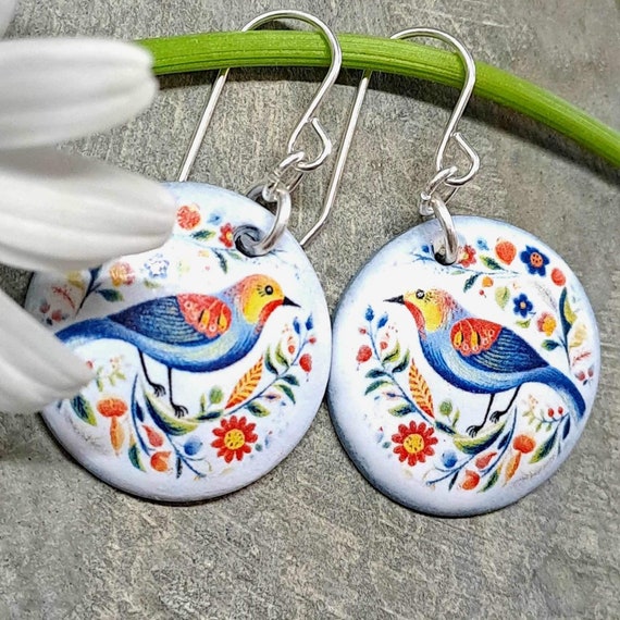 FOLK ART BIRD Earrings Bird and Flowers Earrings Handmade Folk Art Ceramic Earrings Ceramic and Silver Earrings Handmade in Wales Etsy Canada