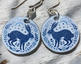 Handmade Ceramic Hare Earrings: Folk Art Sterling Silver Jewelry