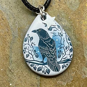 THE RAVEN - Handmade Ceramic Raven Necklace - The Raven and the Moon - Raven with Sterling Silver Star Charm - Handmade In Wales