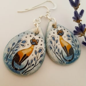 CAT EARRINGS - Siamese Cat Earrings - Handmade Ceramic Earrings - Ceramic and Sterling Silver Flower Earrings - Cat Jewellery