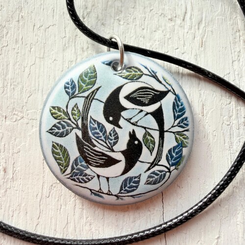 Handmade Ceramic Magpies Pendant: Bird Necklace, Wales