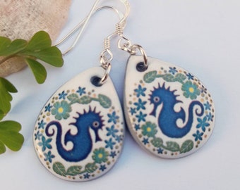 SEAHORSE EARRINGS - Ceramic Seahorse Earrings - Teardrop  Earrings - Sea Jewellery - Seahorse Silver Earrings - Handmade In Wales