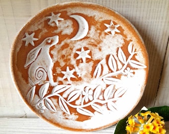 JEWELLERY DISH - Little Pottery Hare Dish - Rustic Moon Gazing Hare Dish - Stoneware Trinket Dish - Handmade In Wales
