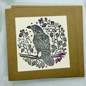 Carta stampata a mano con corvo - Carta Kraft riciclata al 100% - Carta originale con stampa a blocchi con corvo - Carta fatta a mano - Fatta a mano in Galles - Carta artistica vuota