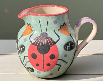 手作り民芸陶器の水差し：鳥と花のピッチャー - Etsy 日本