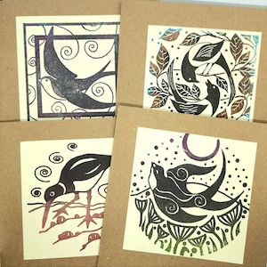 Ensemble de cartes imprimées à la main 1 - Carte Kraft 100% recyclée - Cartes imprimées en bloc d’origine - Hirondelles - Pies - Oystercatcher - Ensemble de quatre cartes