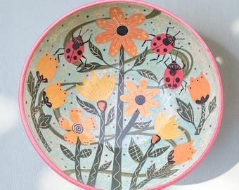 手作り民芸陶器の水差し：鳥と花のピッチャー - Etsy 日本