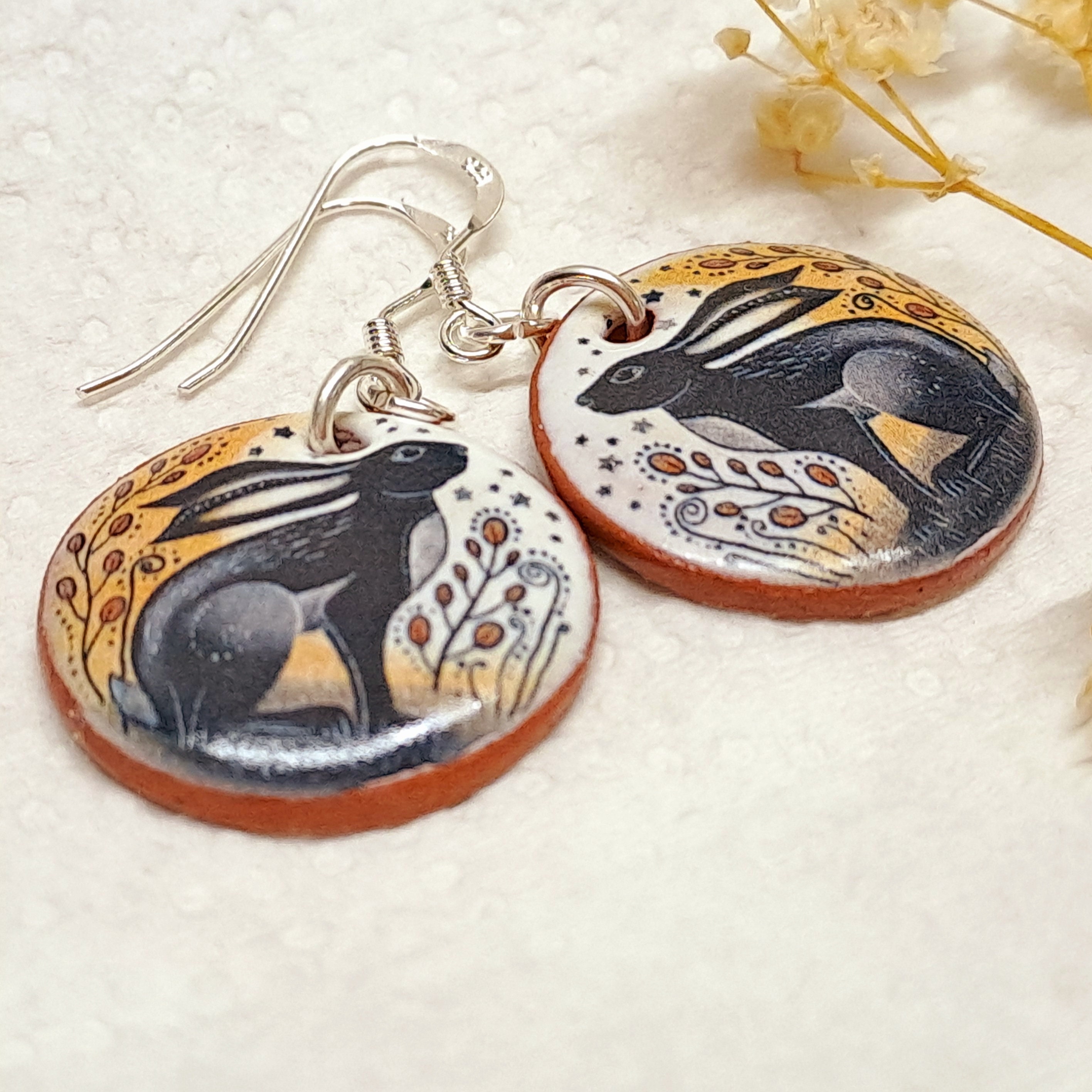HARE EARRINGS - Hare Ceramic Earrings - Handmade Hare Jewellery - Handmade In Wales - Handmade Clay Earrings - Star Gazing Hare Earrings