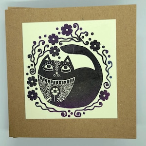 CARTE IMPRIMÉE À LA MAIN - Carte kraft 100 % recyclée - Carte de chat imprimée en bloc - Carte de chat - Fait main au Pays de Galles - Carte d'art vierge